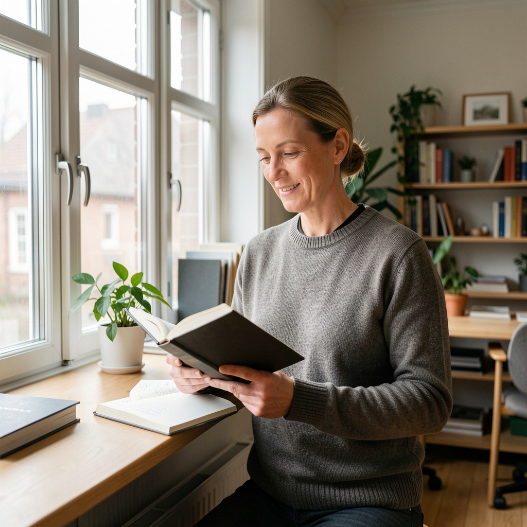 Dansk redaktør med notesbog ved stort vindue i lyst nordisk arbejdsrum