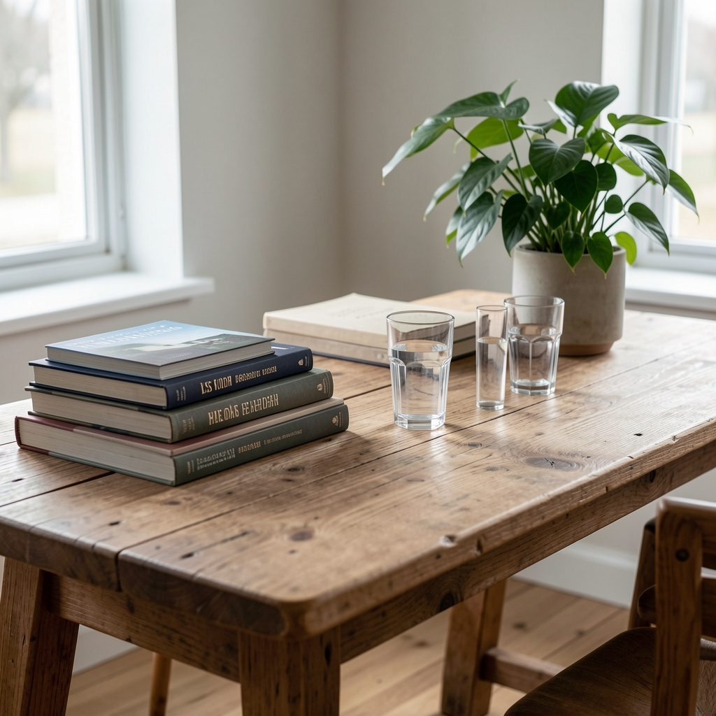 Lyst nordisk redaktionsstudio med træbord, bøger, prøveglas og grøn plante