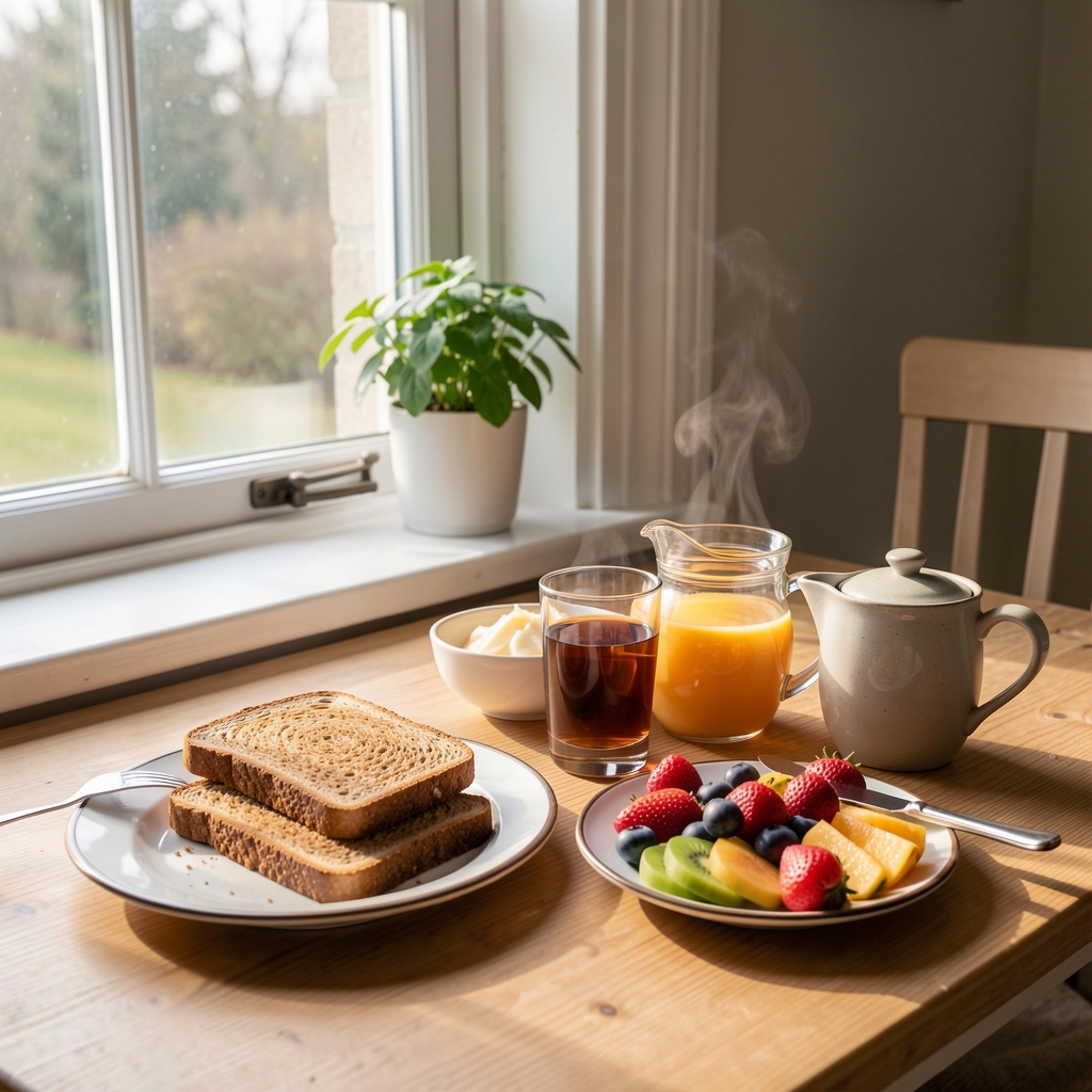 Skandinavisk morgenmad med rugbrød, frugt og en varm drik ved vindue