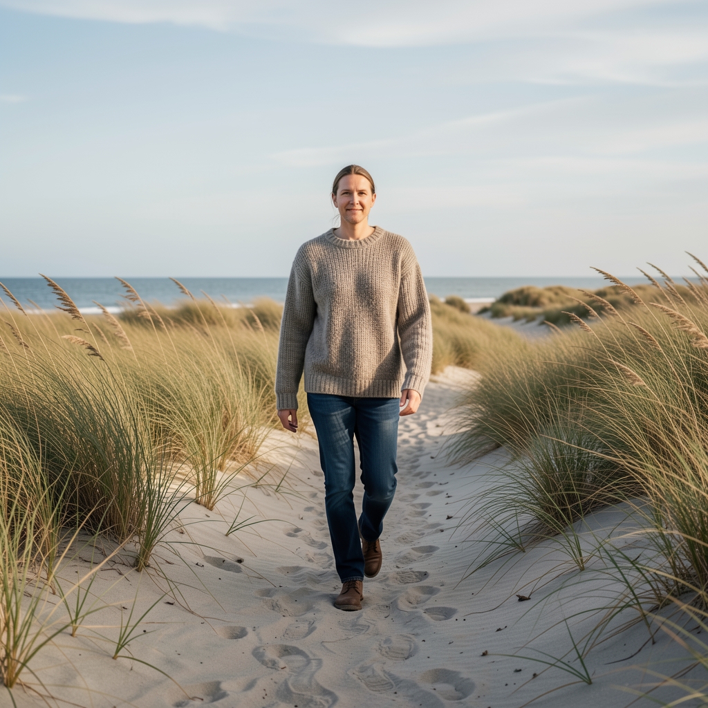 Person med uldsweater går langs dansk strandsti med vind i græsset