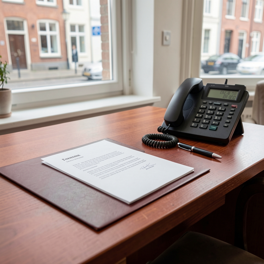 Redaktionelt skrivebord med brev, pen og telefon i København