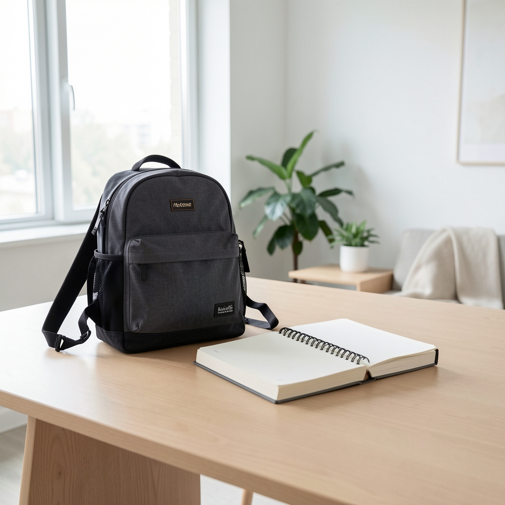 Minimalistisk Normal fit pakke ved siden af notesbog på lyst bord